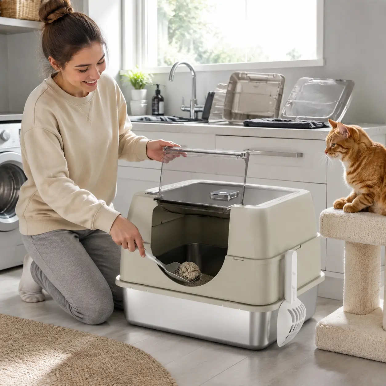 Odor-Locking Closed Cat Litter Box - Multi-Model Compatible, Comfortable Fit for Cats, Practical Automatic Stainless Steel Household Pet Supply automatic litter box app control blue trim large tabletop roll waste bag pee guard