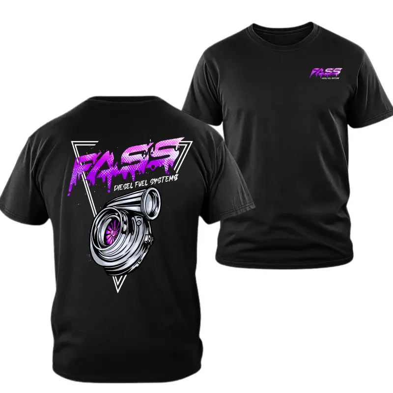 FASS diesel turbocharged pattern T-shirt, double-sided purple neon fuel system turbocharger design, soft cotton blend workwear T-shirt, suitable for male and female mechanics, diesel truck performance enthusiasts, great gift idea