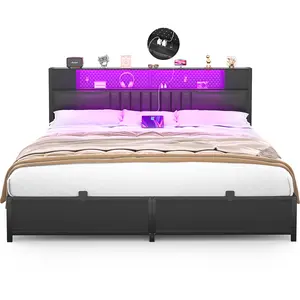 Homieasy LED Bed Frame with LED Light & Charging Station, Smart Bed Platform Metal Bed with Upholstered Headboard and Storage, Luxury Cool Bed Frame with Heavy Duty Metal Slats, No Box Spring Needed, Easy Assembly, Noise-Free，Black