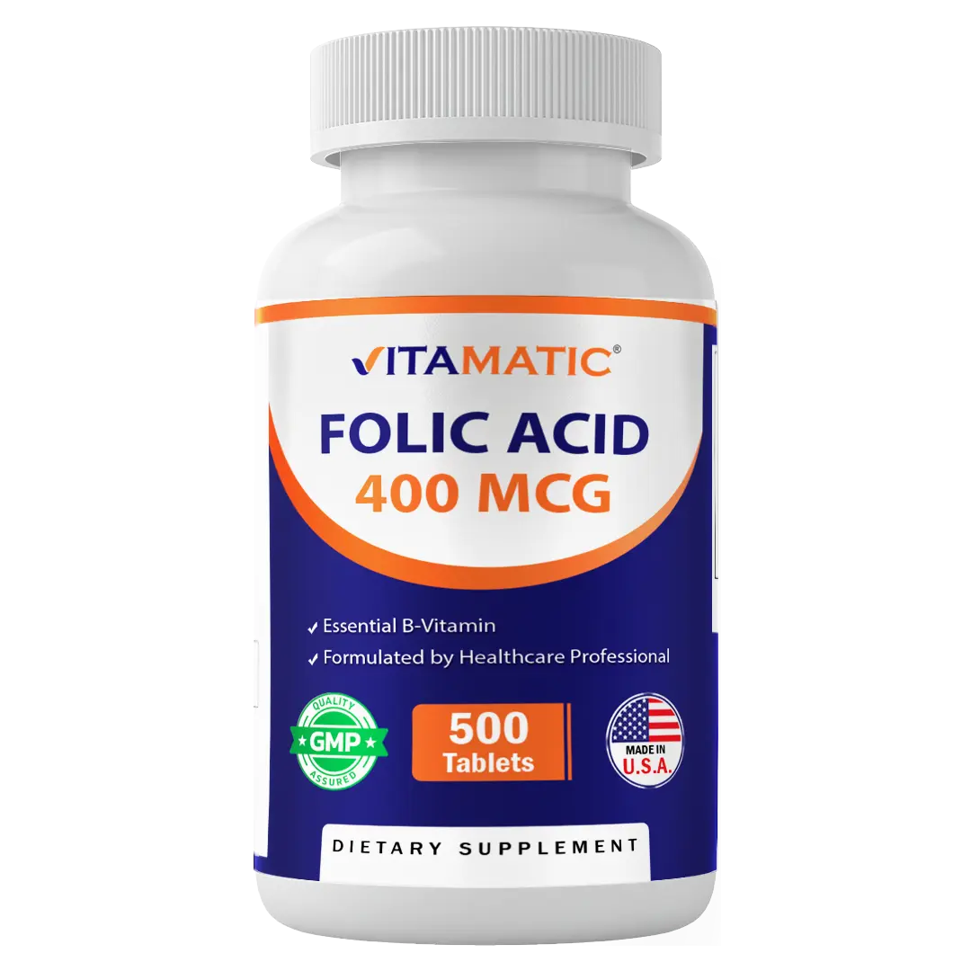 Vitamatic Folic Acid 400 mcg - 500 Vegetarian Tablets Vitamin B9 Healthcare Essential B Vitamin for Vegetarians Dietary Supplement, Vegetarian Vitamins Supplements