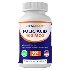 Vitamatic Folic Acid 400 mcg - 500 Vegetarian Tablets Vitamin B9 Healthcare Essential B Vitamin for Vegetarians Dietary Supplement