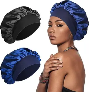 Luxury Bonnet Wide Edge Caps Silk Satin Hair Bonnet (Black)