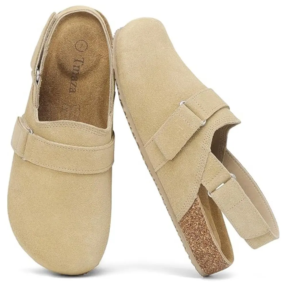 Womens 100% Genuine Suede Sling-Back Clogs with Arch Support and Adjustable Buckles Potato Mule Shoes