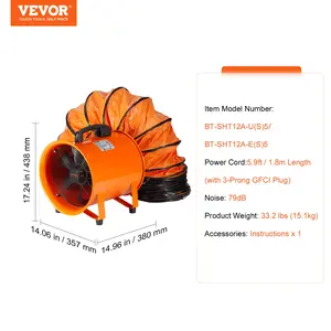 VEVOR Portable Ventilator, 12 inch Heavy Duty Cylinder Fan with 16.4ft Duct Hose, 585W Strong Shop Exhaust Blower 3198CFM, Industrial Utility Blower for Sucking Dust, Smoke, Smoke Home/Workplace