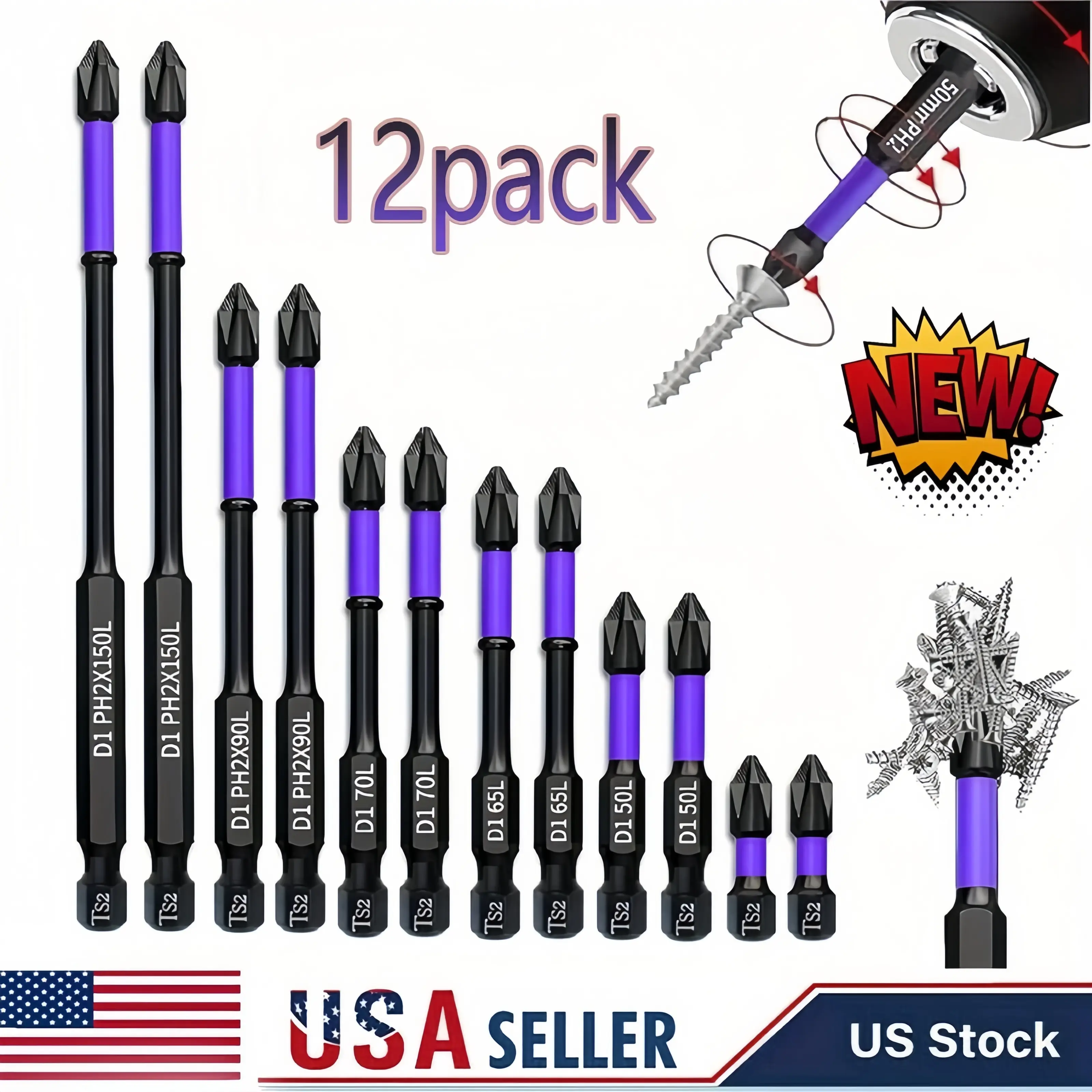 12Pcs Anti-Slip PH2 Phillips Screwdriver Bits Set, Strong Magnetic Cross Drill Bits 25/50/65/70/90/150mm, Purple Shock Resistant Impact Driver Bits for Wood Metal Drywall Screw Repair