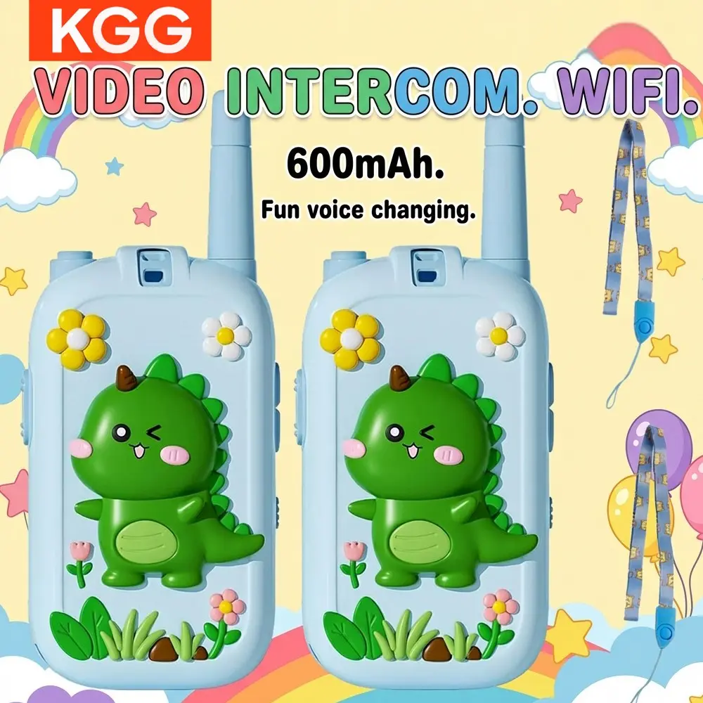 2.0-inch IPS Screen Children's Video Walkie-Talkie with Optional Cartoon Silicone Case, 2.4G Wifi Video Call, Fun Voice Changer, Cute Pair for Kids, Long-Distance Communication Boy & Girl Student Intercom for Outdoor Camping Fun, Dinosaur Walkie Talkies