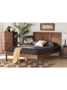 Baxton Studio 193271290499 47.2 x 63.5 x 84.6 in. Blossom Classic & Traditional Wood & Rattan Queen Size Platform Bed, Ash Walnut