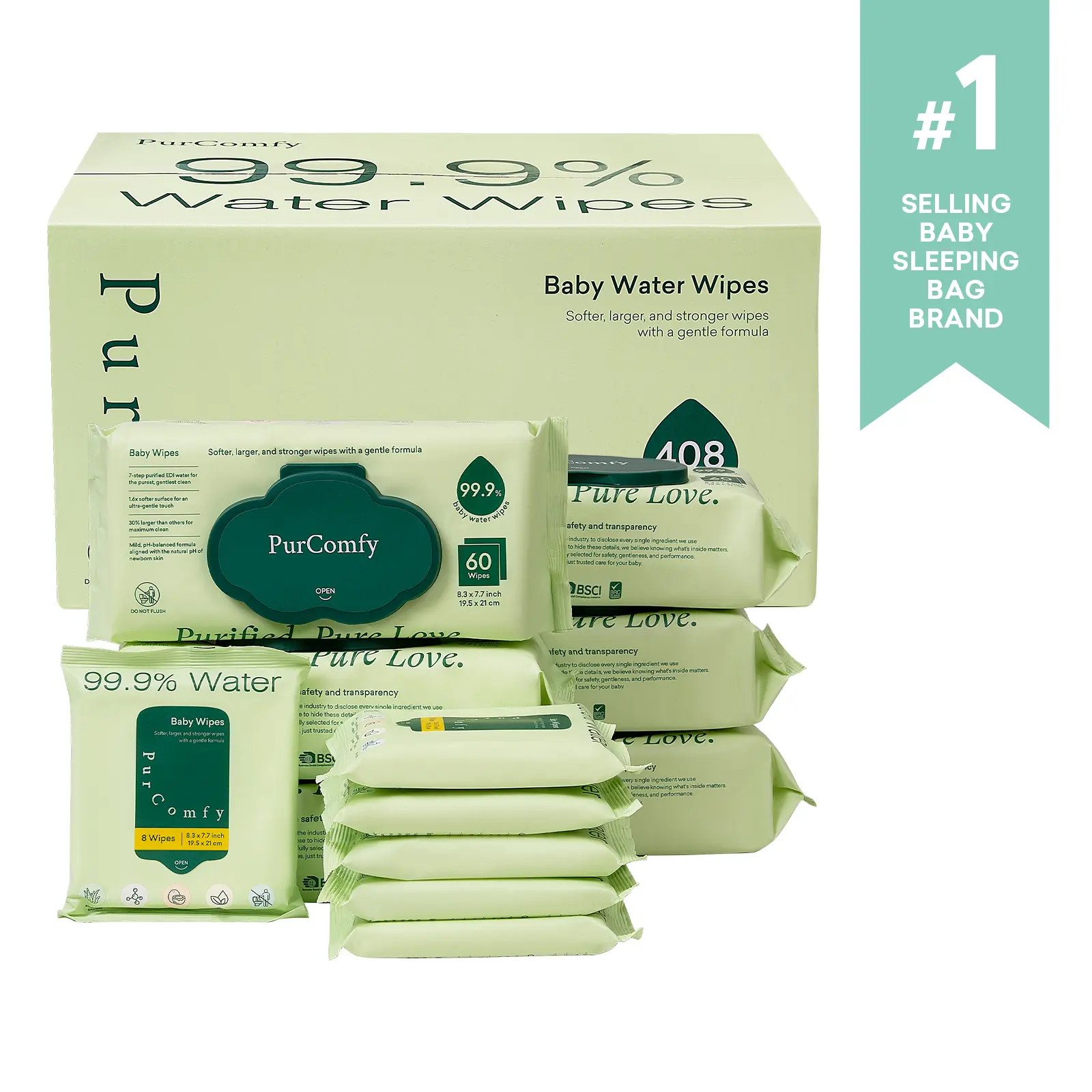 PurComfy Baby Wipes Unscented 6 Flip-Top Packs 6 Travel Pack 99.9% Water Wipes Plant Based Hypoallergenic for Sensitive Newborn Skin Total 408 Count