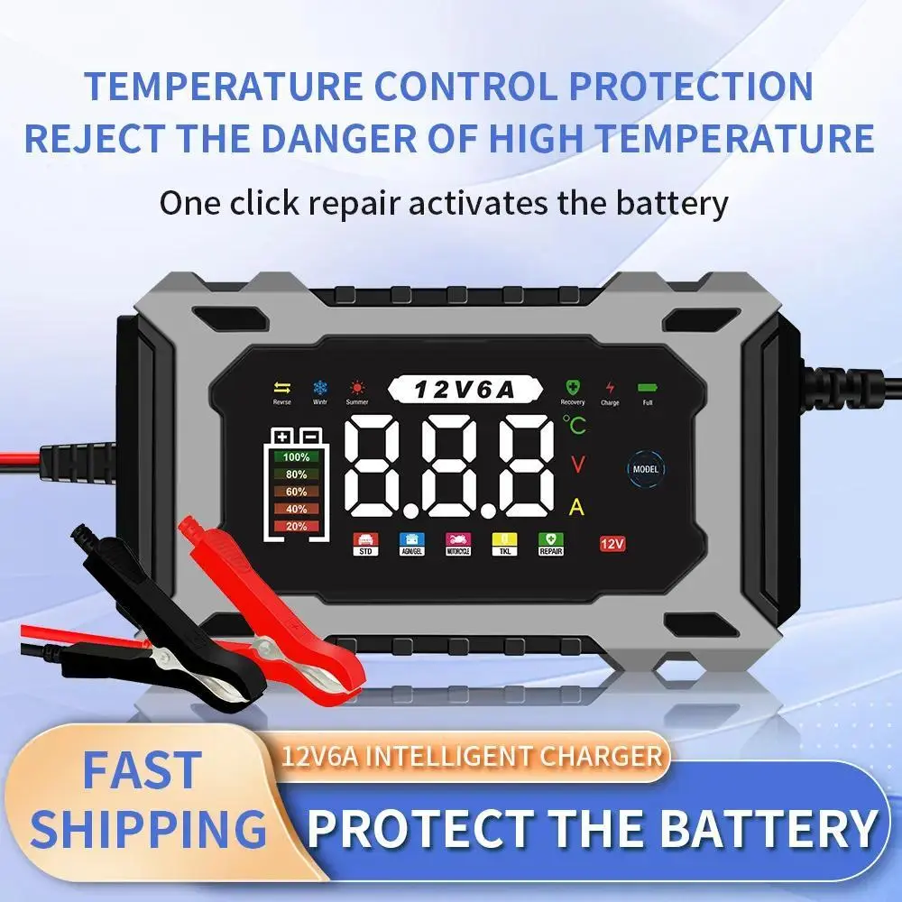 12V6A Smart Battery Charger, Maintainer & Trickle Charger for LiFePO4, Lead Acid Batteries for Motorcycle Car Truck Lawnmower Boat car battery charger, automatically stops when fully charged Automotive Restorer Kit,car accessories