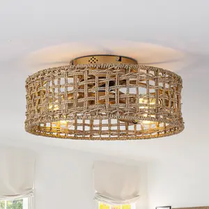 Parrot Uncle 18" Vintage Gold Rattan Ceiling Fan with Light, APP & Remote Control