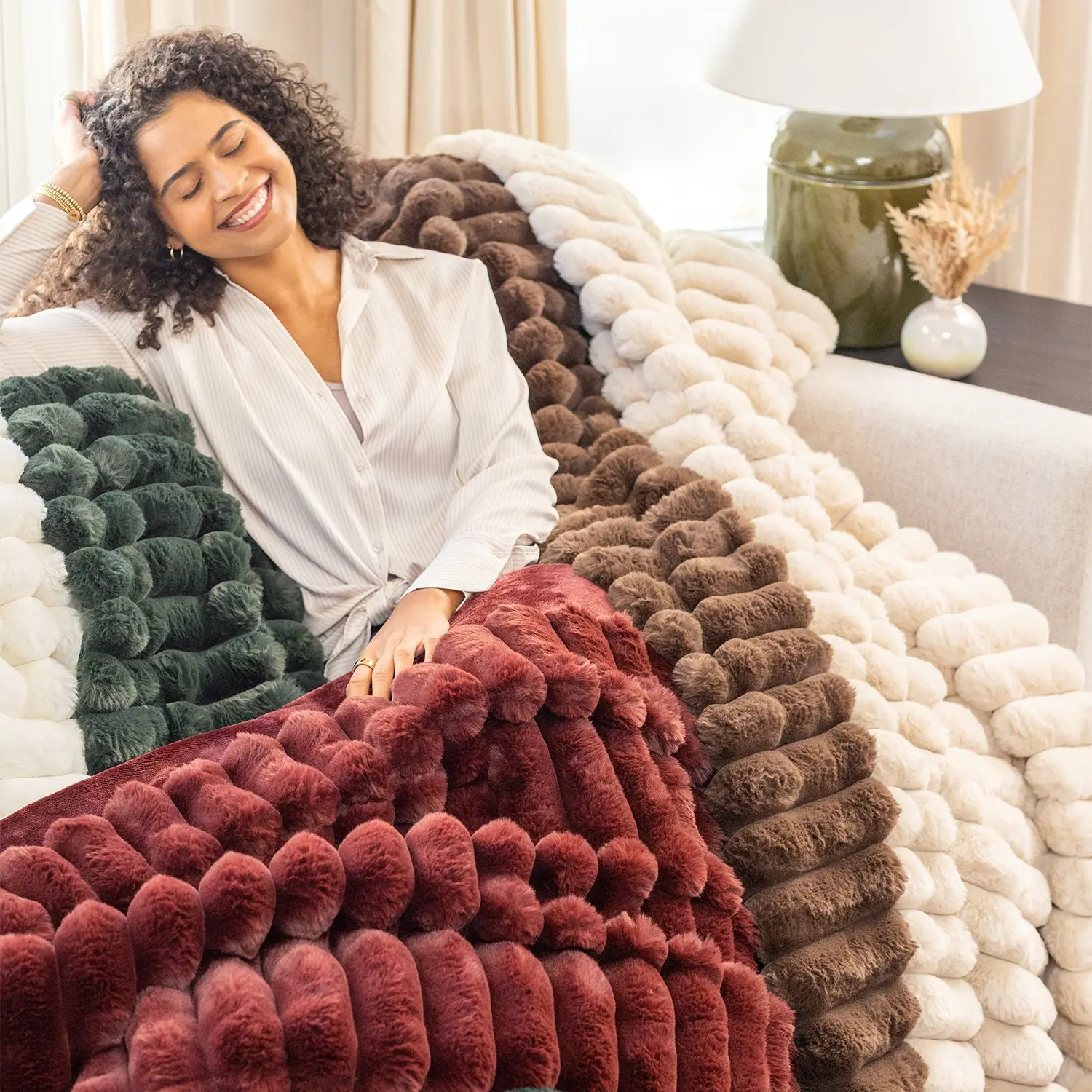 Berkshire Acadia Faux Fur Throw Blanket - Jacquard Stripe Design, VelvetLoft Reverse, Heavyweight Plush, 50"x70"