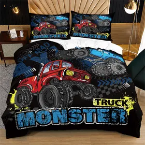Monster Truck Pattern Bedding Set, Includes 1 Fitted Sheet and 1 or 2 Pillowcases, Soft Comfortable Sleep Quality, Perfect Gift for Teens and Adults