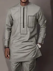 Traditional Muslim Set African Style Men's Formal Modest Wedding New Suit 2-Piece Round Neck Long Sleeve Top and Pants Modesty