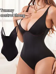 Women's Deep V Adjustable Thin-Strap No-Pad Waist-Slimming Push-Up Buttock-Lifting Shapewear Bodysuit – Thong Design – Black – Sizes S-XL – Suitable for Layering/Daily/Commute & More Scenarios