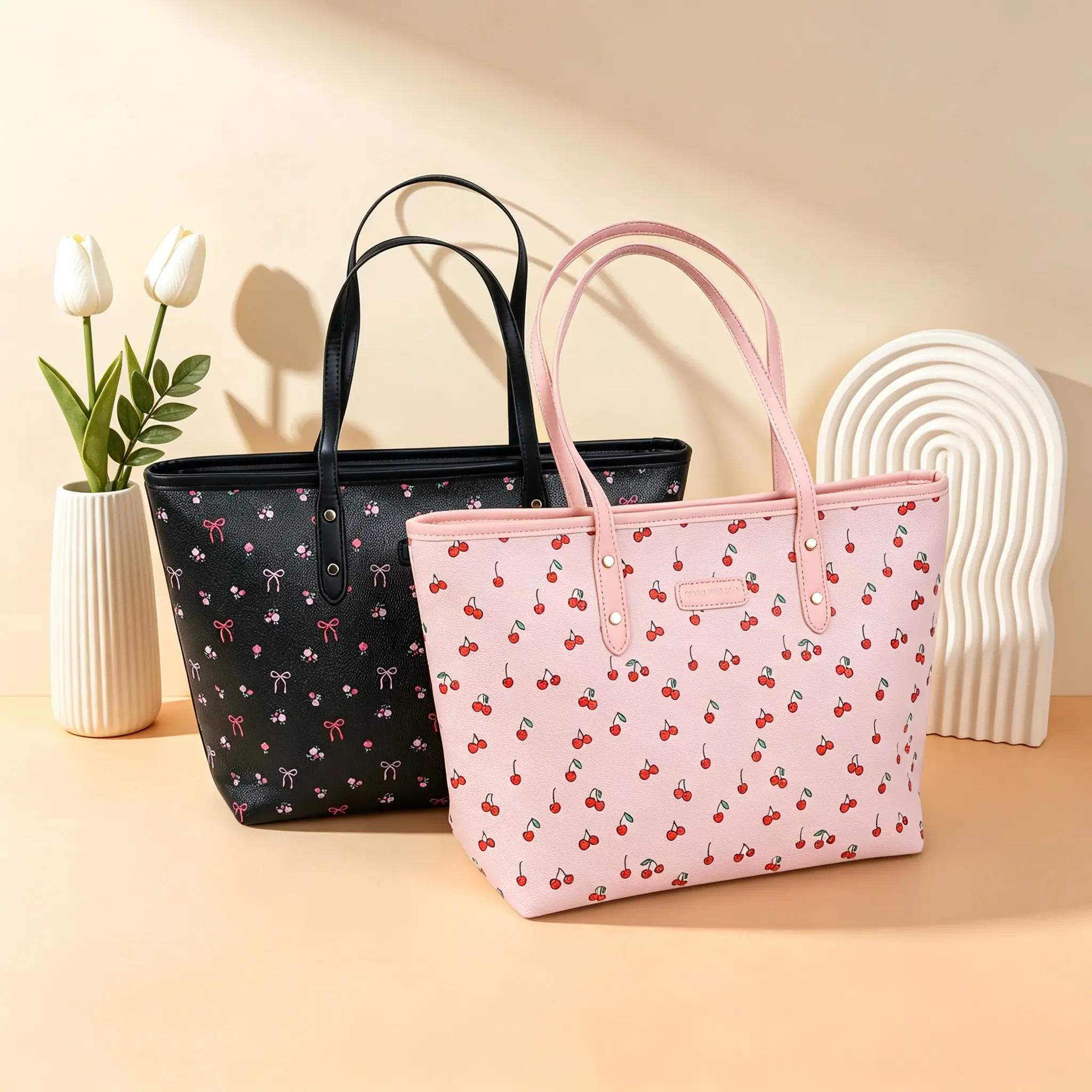 Women's Cherry Print PU Leather Tote Bag - Large Capacity Work Bag with Zipper Closure, Cute Bow Pattern, Everyday Handbag for Women's Daily Use, Bags For Everyday
