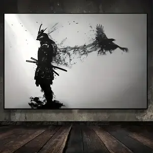 Frameless Wall Decor Black & White Japanese Samurai Canvas Art Print - for Living Room, Bedroom, Office