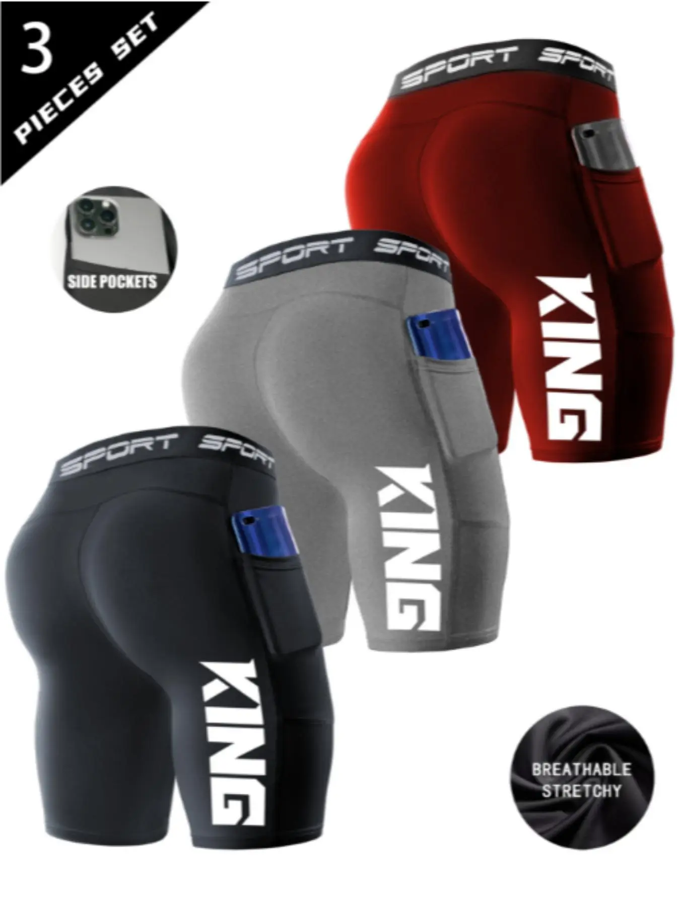 3-Pack Men's 'king' Print Sport Tight Fitted Shorts, High Elasticity Polyester & Spandex, Quick-Dry Breathable, Pockets, Ideal for Basketball, Running, Compression Swimwear