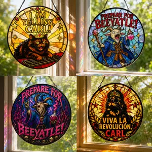 Princess Donut And Mongo Stained Glass Suncatcher, Dungeon Crawler Prepotente Geeky Cat Lover Window Hanging, Mommy's Special Boy DCC Gift