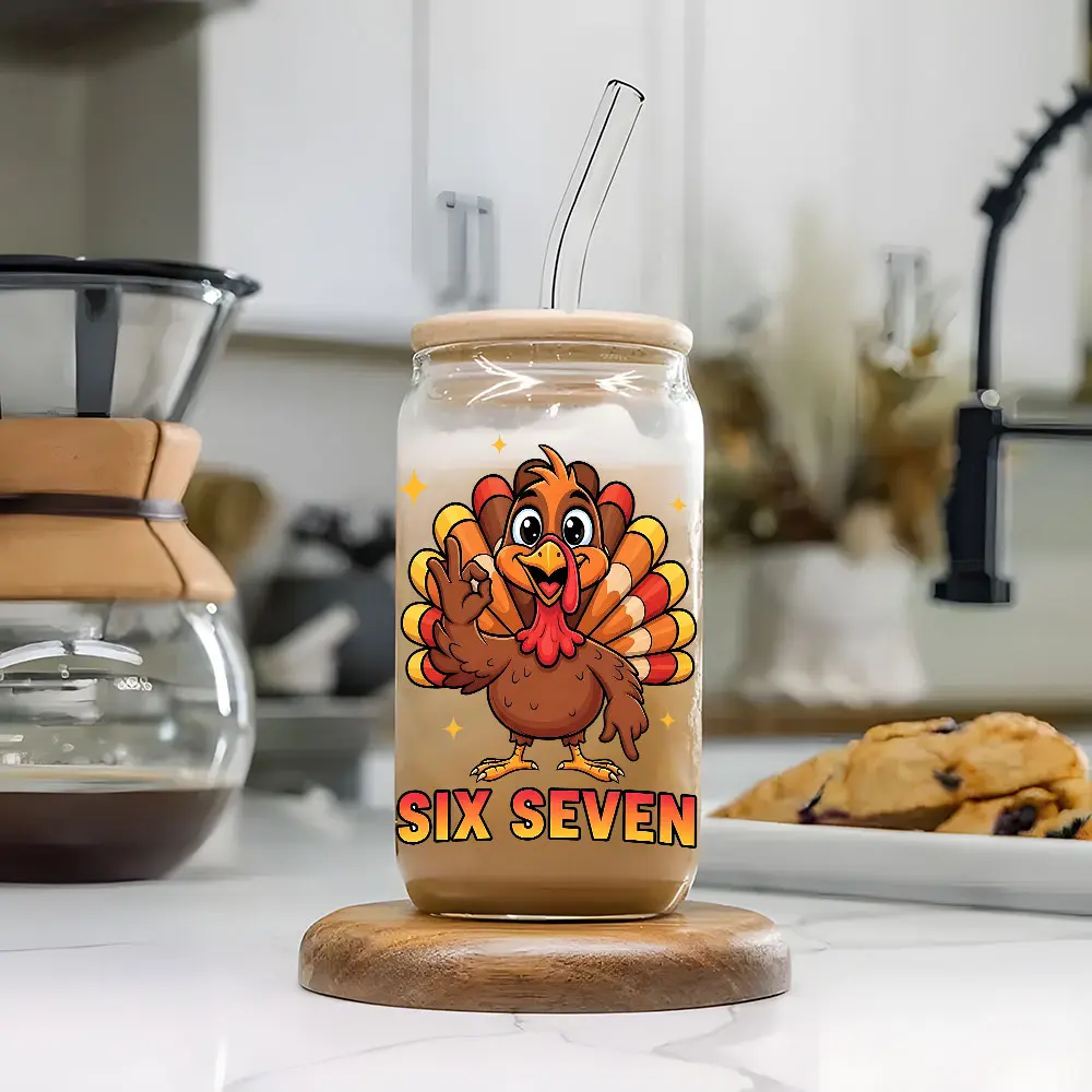 Trendy Thanksgiving Turkey 67 Meme 16oz Glass Can Cup with Lid and Straw, Reusable Glass Drinking Cup, High-Quality Glass Jar for Iced Coffee, Hot Drinks, Festive Fashionable Glassware, Perfect Gift for Thanksgiving Fans