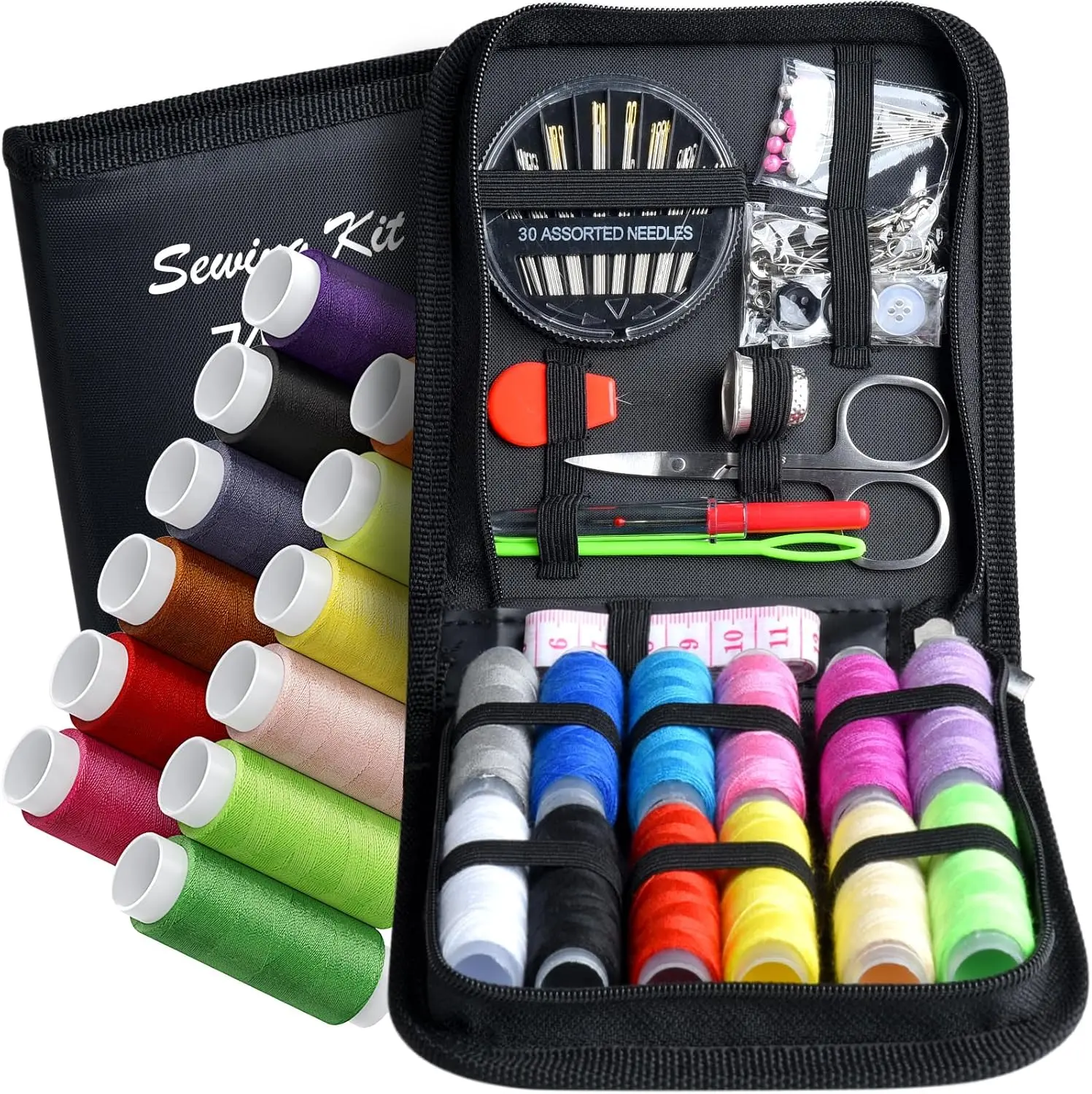 Mini Portable Zipper Sewing Kit with 12 Color Thread, Scissors, Needles, Tape Measure & Accessories, Emergency Home & Family Repair Supplies for Beginners, Adults and Travelers, gift