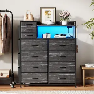 8+3 Drawers Fabric Dressers for Bedroom with 4 Side Pockets,LED Lights,Charging Station,Hooks,for Bedroom,Living Room,Closet，Black Storage Design Furniture