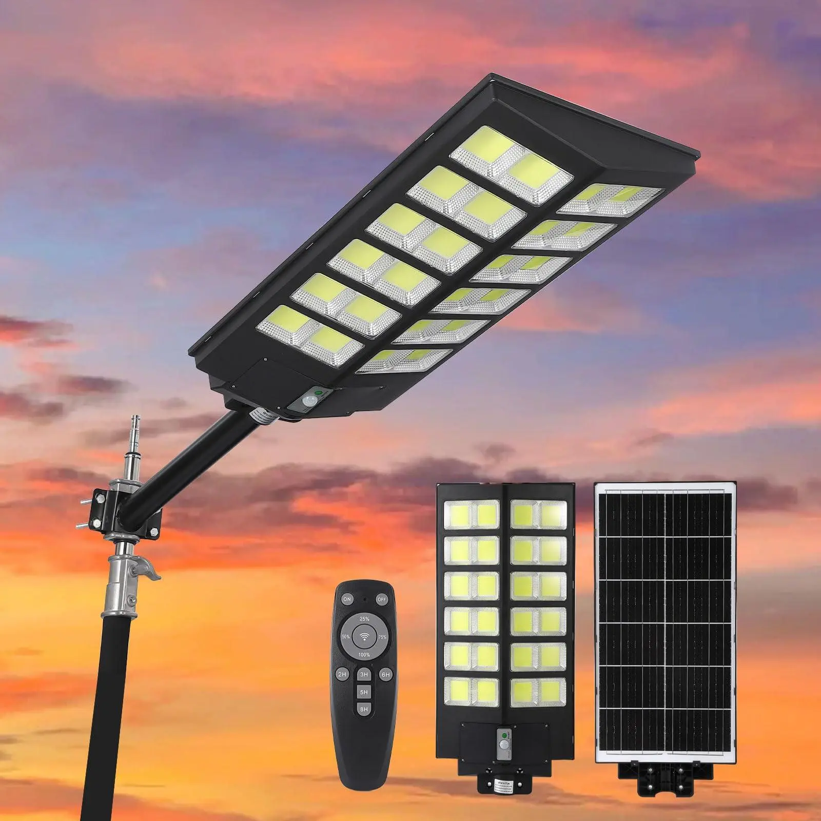 5000W Solar Street Lights Outdoor, IP67 Waterproof Outdoor Security Light w/Motion Sensor, Auto Dusk-to-Dawn 7000K Floodlight for Parking Lots, Basketball Courts, Commercial Areas, 1-Pack