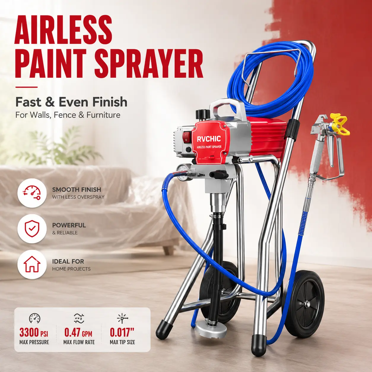 Airless Paint Sprayer for Fast & Even Finish, RVCHIC Electric High Pressure Paint Sprayer with Cart, 3300 PSI, 0.47 GPM, 35FT Hose, Extension Pole for Walls, Fence, Cabinets & Furniture