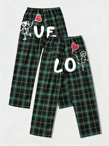 Valentine's Day Matching Couple Pajama Pants, Nightwear, Pjs, Red Black Buffalo Plaid, Cute 'LOVE' Graphic, Elastic Waist, Ultra-Soft Fabric, Perfect for Cozy Nights In, Date Night, TikTok Couple Outfit, Matching Loungewear Set