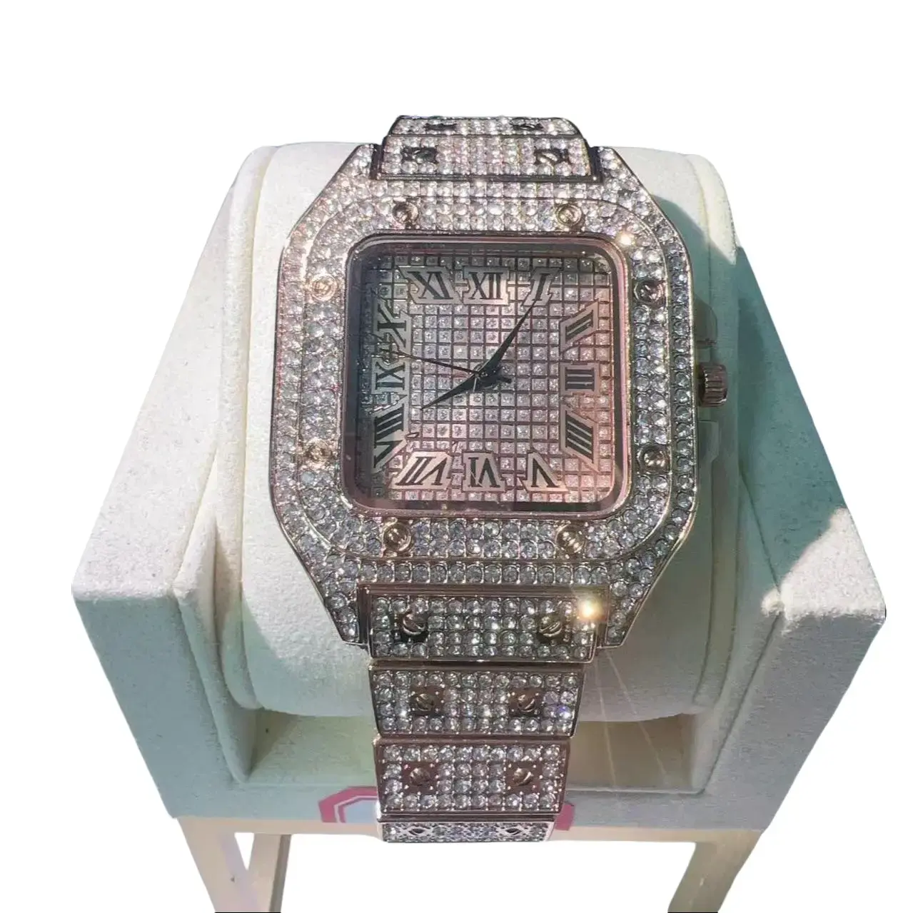 Square full-cut men's watch - Roman-style engraved hip-hop diamond steel bracelet quartz watch, 40mm