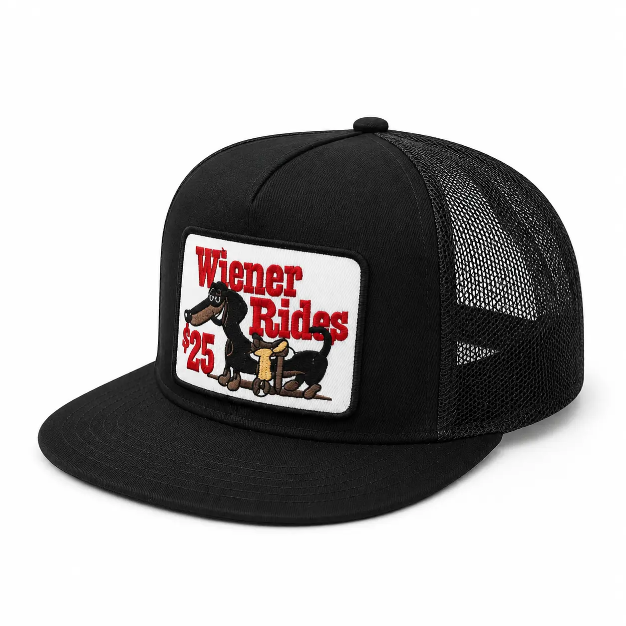 Funny Dachshund Trucker Hat – Vintage Wiener Dog Patch Black Mesh Snapback Cap for Men & Women