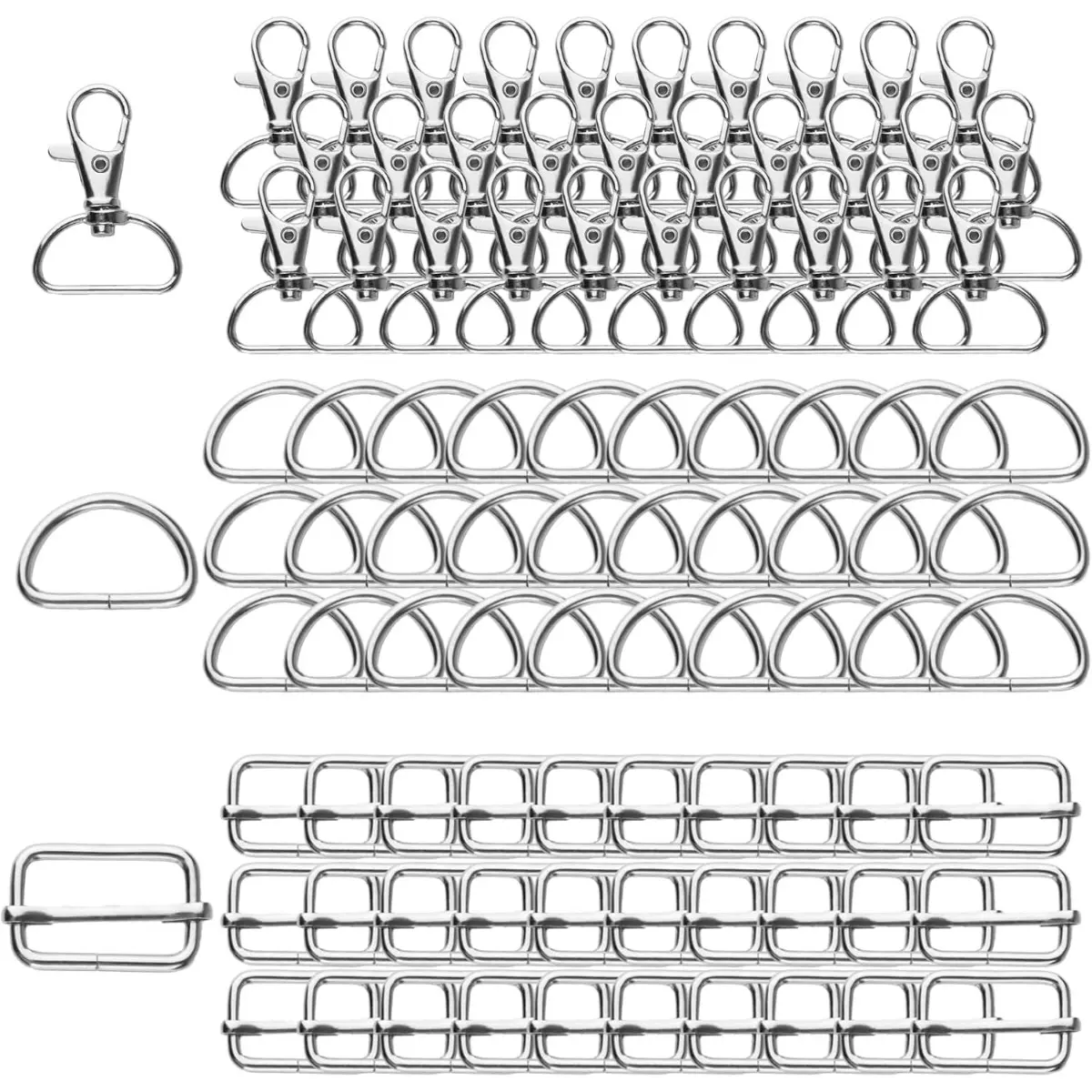 Alloy Metal 90-Pcs Functional Keychain Set Sewing Accessories - Rotating Carabiner, 25mm D-Ring, Metal Slider for Handbags, Handbag Lanyards