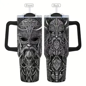 Viking Tumbler Father's Day Gift, 40oz Travel Mug With Handle, Norse Mythology Odin Warrior Axe Coffee Cup, Insulated Stainless Steel Tumbler For Dad Husband Men, Cool Badass Viking Cup Father's Day Present