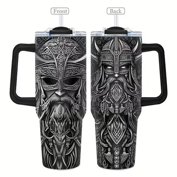 Viking Tumbler Father's Day Gift, 40oz Travel Mug With Handle, Norse Mythology Odin Warrior Axe Coffee Cup, Insulated Stainless Steel Tumbler For Dad Husband Men, Cool Badass Viking Cup Father's Day Present