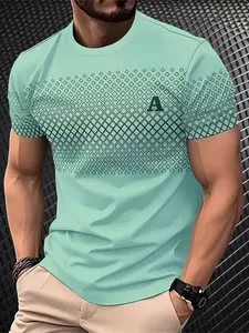 Summer New Geometric Pattern T-Shirt, Fashion Casual 3D Letter Print, Slim-Fitting Long Sleeve Streetwear Top, Simple Graphic Tee