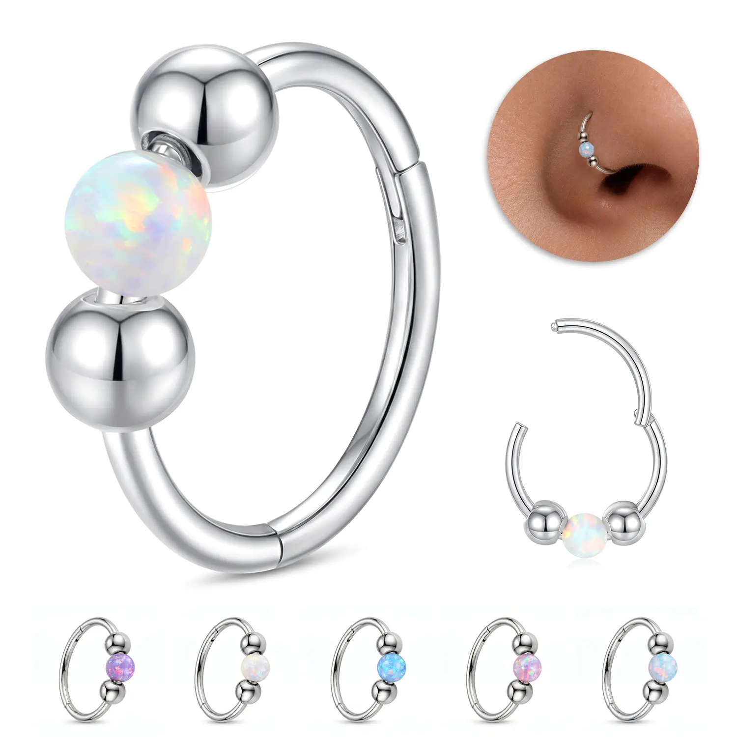 5 PCS Small Cartilage Hoop Earrings for Women Men, Opal Silver Earrings Hypoallergenic Surgical Steel Hinge Huggie Hoop Earrings for Helix, Tragus,Conch,Rook,Earlobe Piercing Jewelry Nose Ring