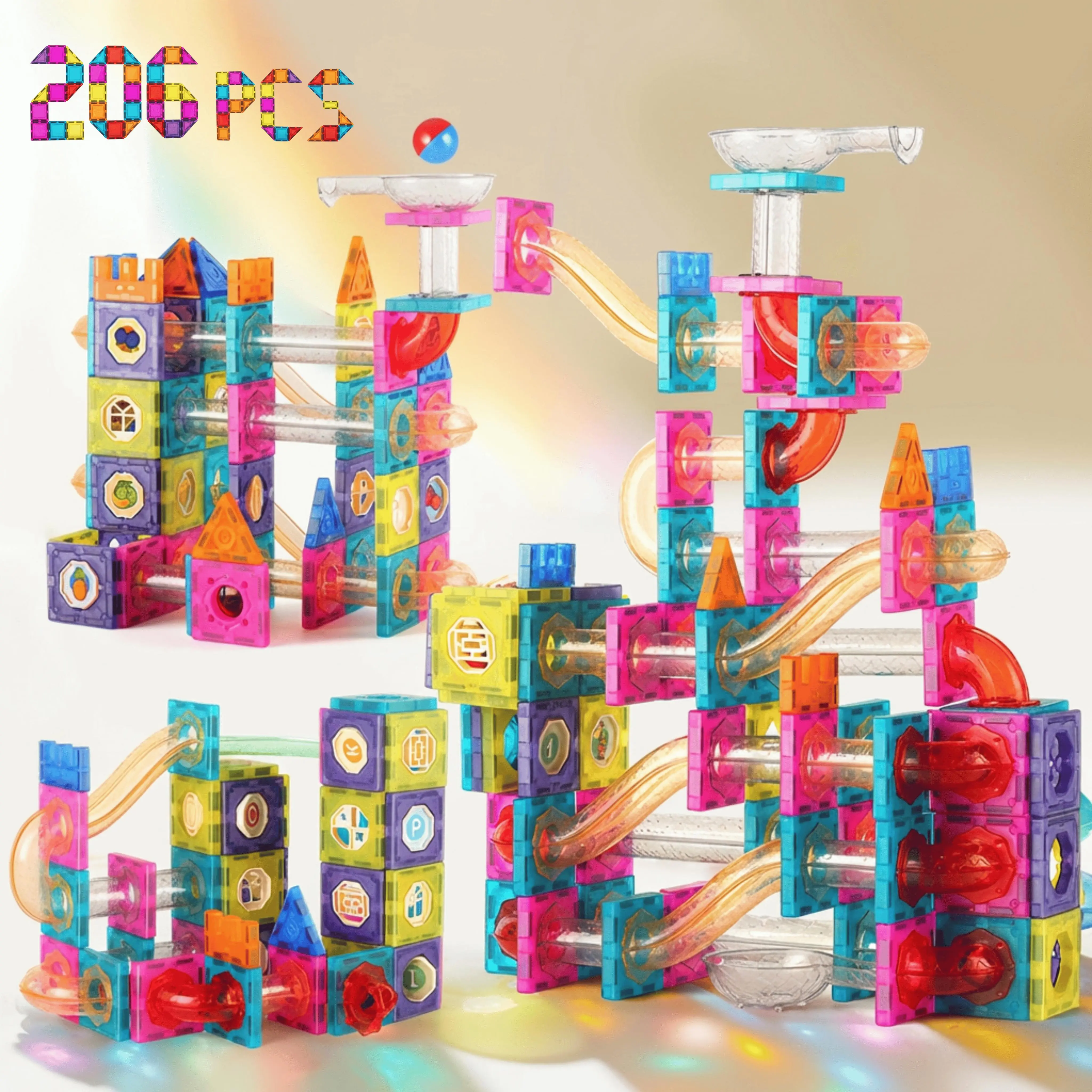 206 Pcs Magnetic Marble Run Track Set -STEM Sensory Montessori Construction Toy with Slides Ramps and Tubes Educational Magnet Tile Building Kit Kids Age 3+ Learning Gift for Kids Preschool, Creative Birthday Gift, for Boys & Girls | Mother's Day Special