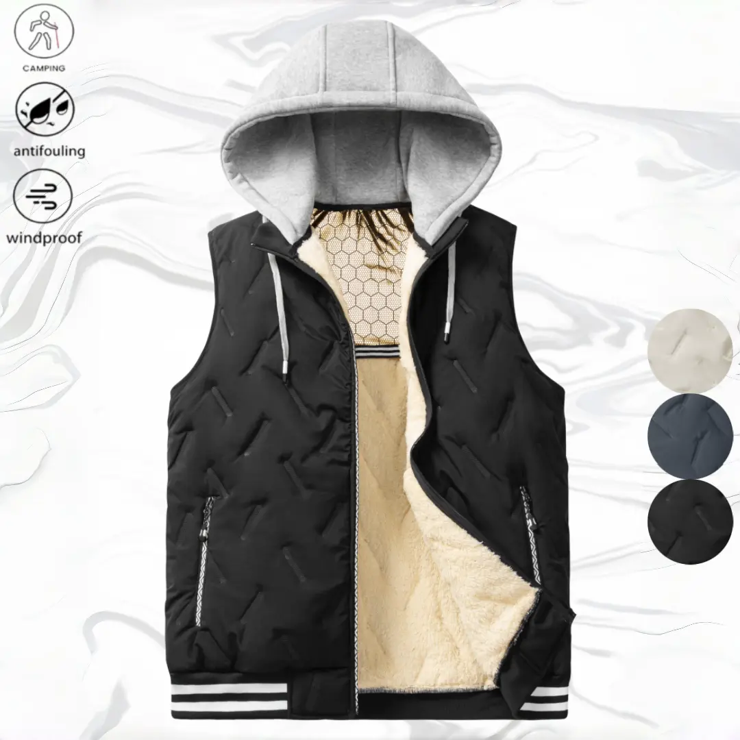 Men's Sleeveless Polyester Waistcoat-Gilet, Menswear Plain Stylish Crew Neck Top with Detachable Hood, Heat-Sealed Seams, Inner Padding for Mature Casual Commuters