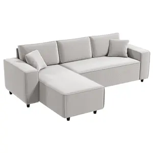 HOMCOM Modern Upholstered Sectional Sofa, 95" L-Shaped Modular Couch with Reversible Chaise Lounge, Corduroy Fabric, Pocket Spring, 2 Pillows, Thick Padding, 3-Seat Sofa Sectional Couch for Living Room, Light Gray