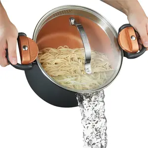 Ceramic 5 Quart Stock Pot Multipurpose Pasta Pot with Strainer Lid & Twist and Lock Handles, Nonstick Ceramic Surface Makes for Effortless Cleanup with Tempered Glass Lid, Dishwasher Safe
