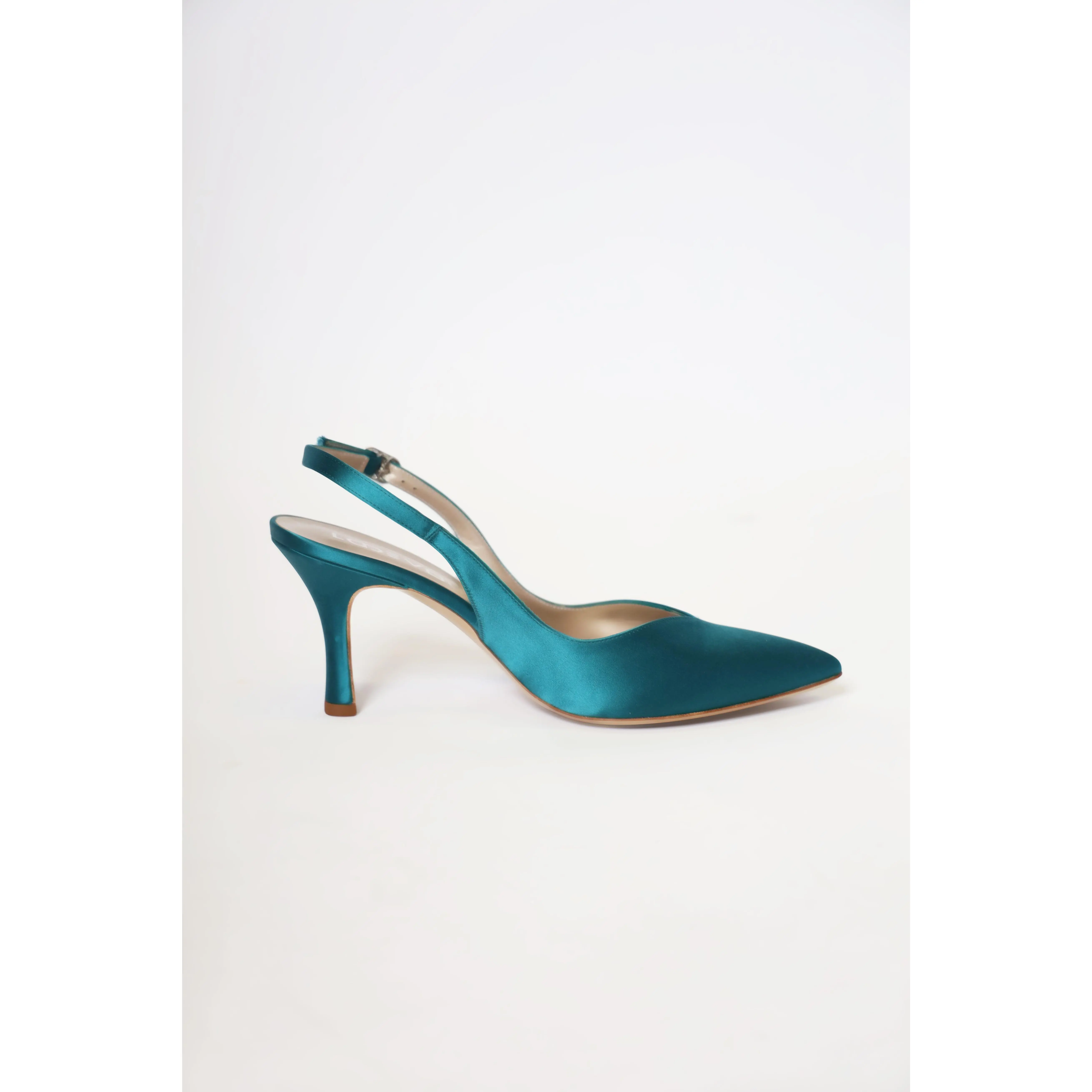 Teal Blue Satin Pointed Toe Slingback Women's Italian Heels