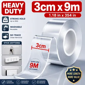 Strong Double Side Stick Transparent Nano Tape Washable Reusable Double-Sided Nano Tape Adhesive No Trace Paste Removable Glue Cleanable Household High Temperature & Solvent-Resistant for DIY & Home Decor