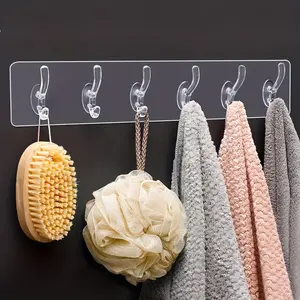 Non perforated transparent row clothes hook, non marking adhesive hook, 6-row clothes and hat hook, clothes and hat hook for bathroom and closet, towel rack for bathroom and toilet, storage rack behind door, waterproof strong hook