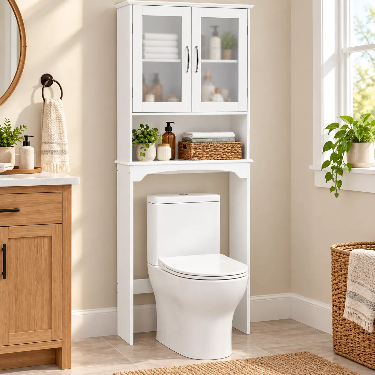 Yaheetech Rectangular Indoor Wooden Over-the-Toilet Bathroom Cabinet - Slim-Legs Waterproof Space-Saver Bathroom Organizer, Sturdy 2-Door Tempered Glass Storage Unit with Adjustable Shelf, Assembly-Required Clean Look Restroom Accessory