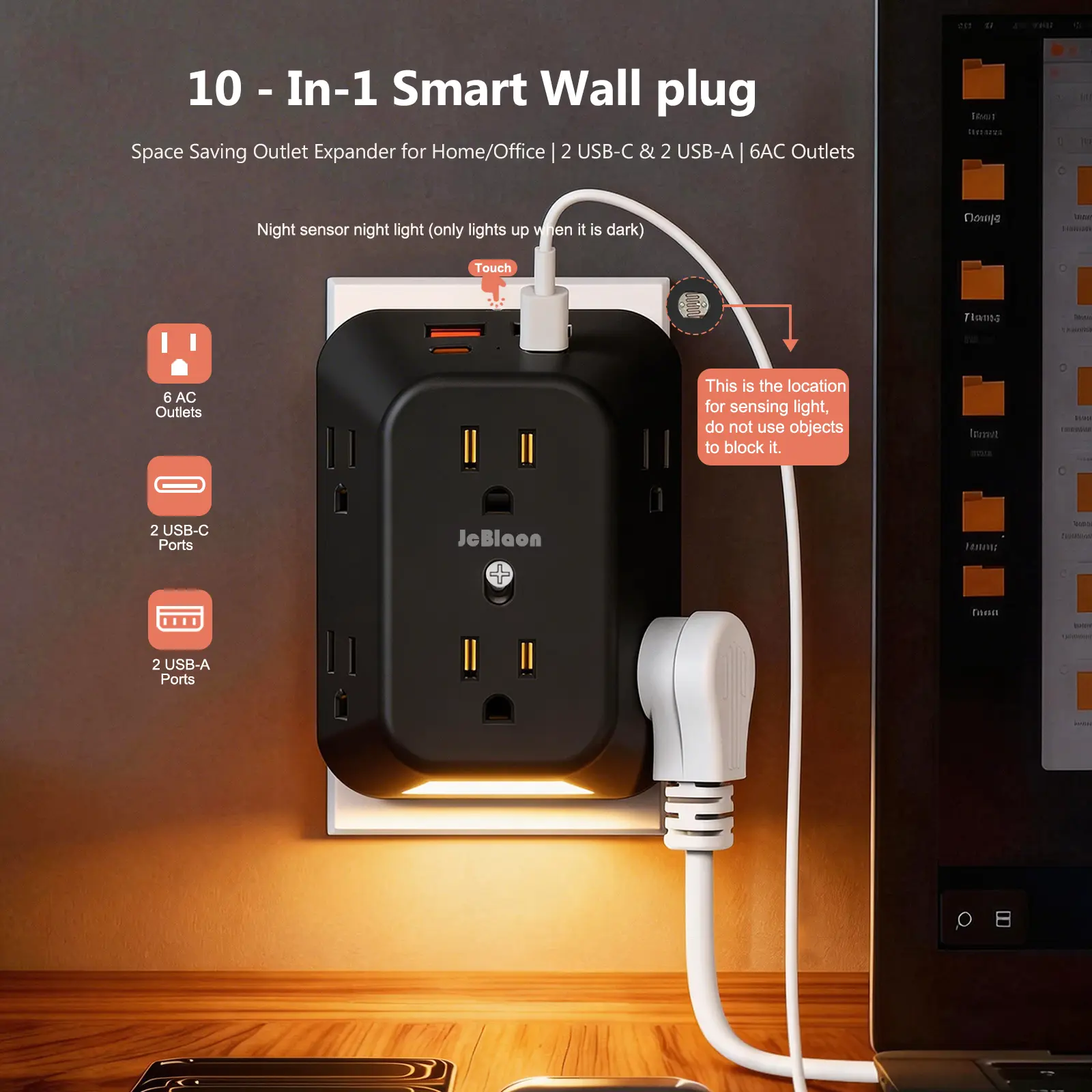 JcBlaon 10-in-1 Plug Power Socket - 3-mode Night Light, 6 AC Outlets, 4 USB A Ports, 4-sided 1050J Surge Protection, Wide Slots, Wall-mounted, Home Office Essentials