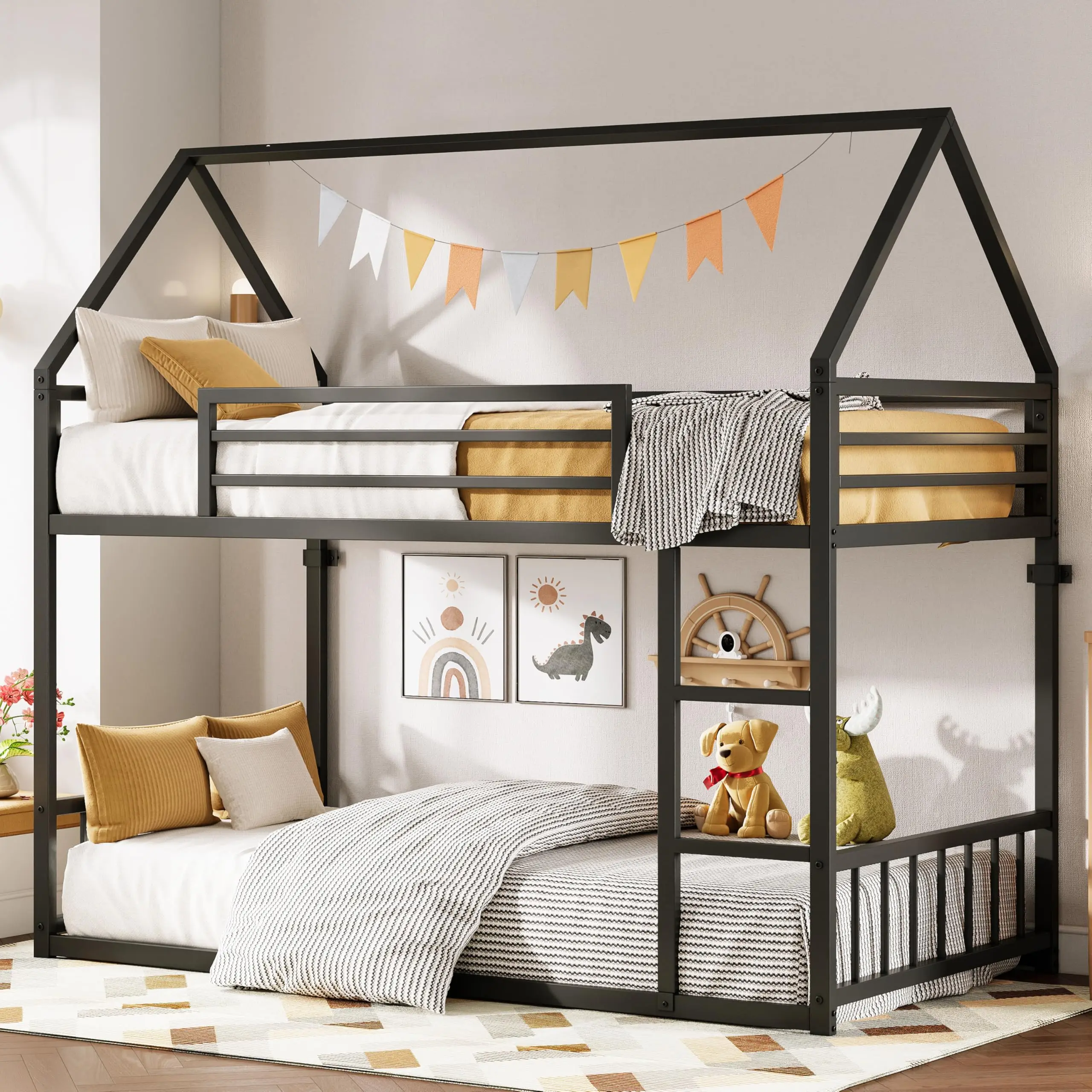 Summer Vibes LIKIMIO Bunk Bed Twin XL Over Twin XL, Metal Bunk Bed Frame with Ladder and Guardrail, House Shaped with Metal Slats for Dormitory and Bedroom, Space Saving, No Box Spring Needed， Unique Bed， Loft Bed