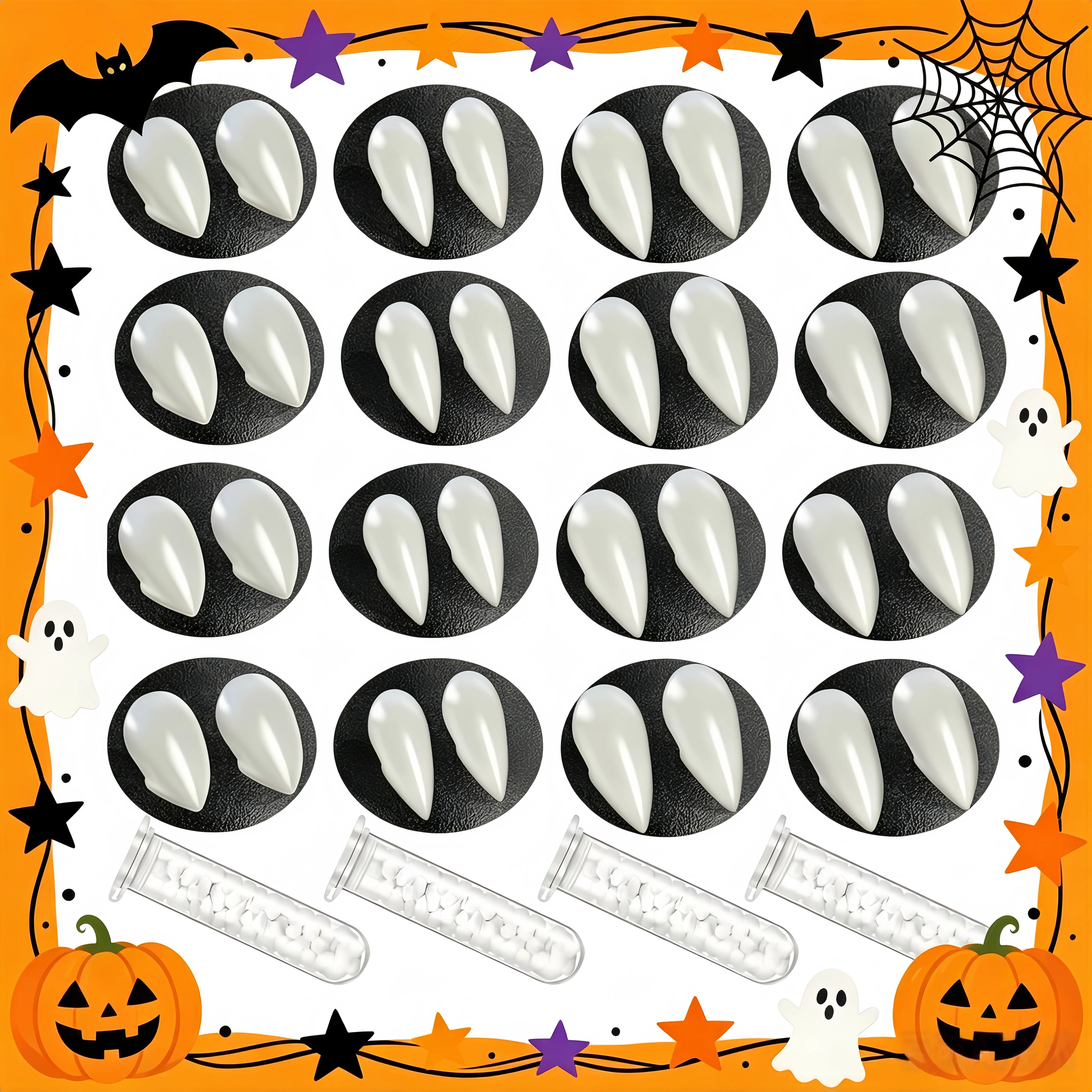 Unisex PVC Plastic Vampire Fangs, 4 Sizes Spooky Reusable Cosplay Props with Adhesive, Halloween Party DIY Accessories