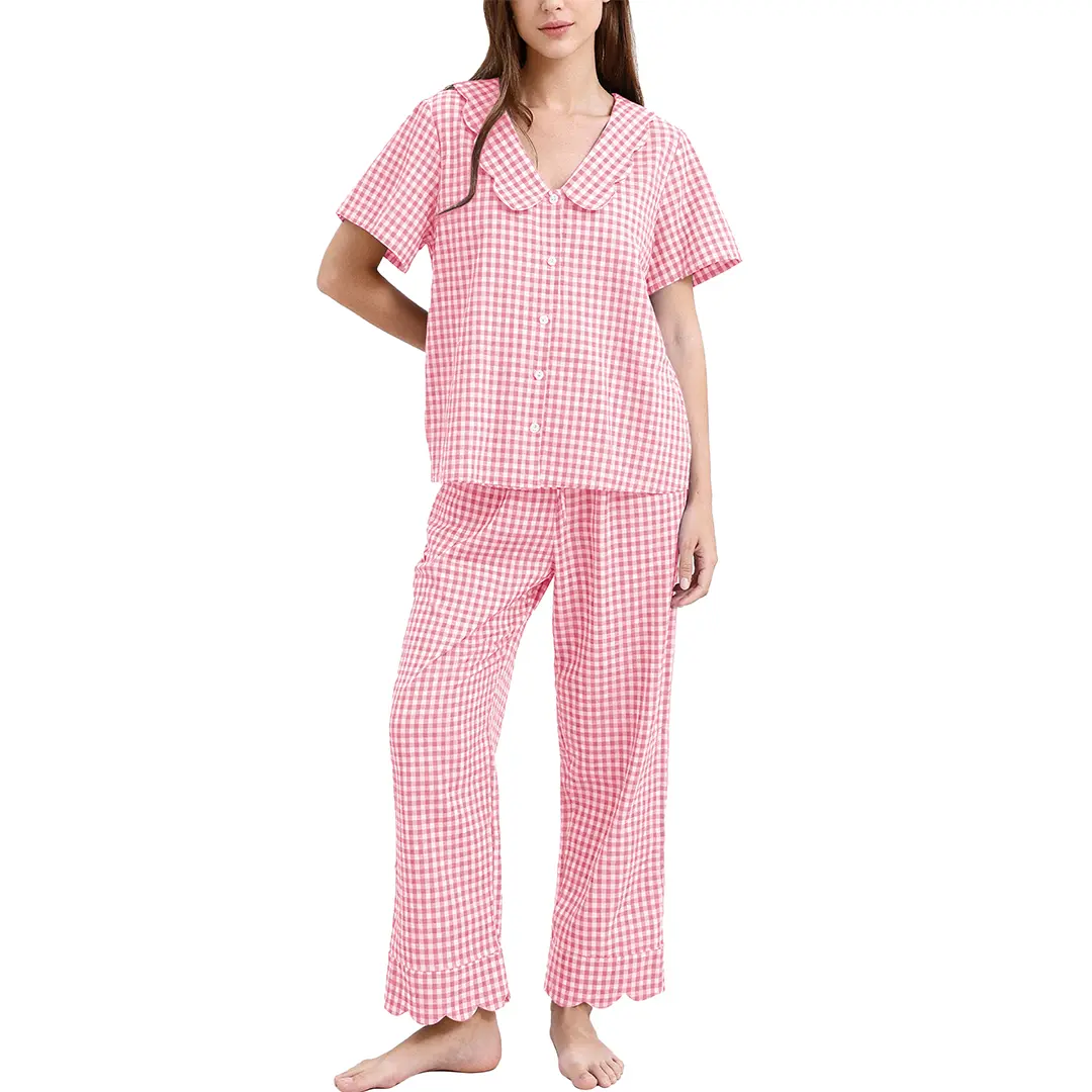 Women's 2-Piece 100% Cotton Gingham Print Pajama Set - Short-Sleeve Deep V Babydoll Top, Ruffle Lace-Trim Shorts, Relaxed Fit, Cozy Sleep & Chic Lounging Nightwear