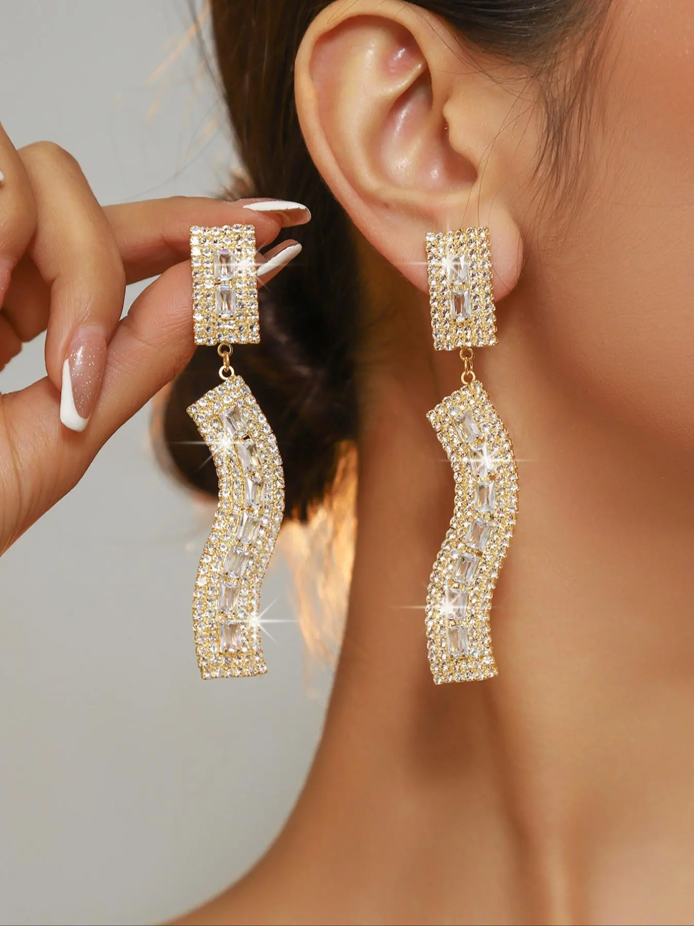 S-shaped Chain Design Dangle Earrings, Dangling Earrings, Elegant Rhinestone Decorated Bling Earrings for Women, Fashion Jewelry for Party, Daily Decor, Trendy All-match & Exquisite Jewelry for Birthday Gift