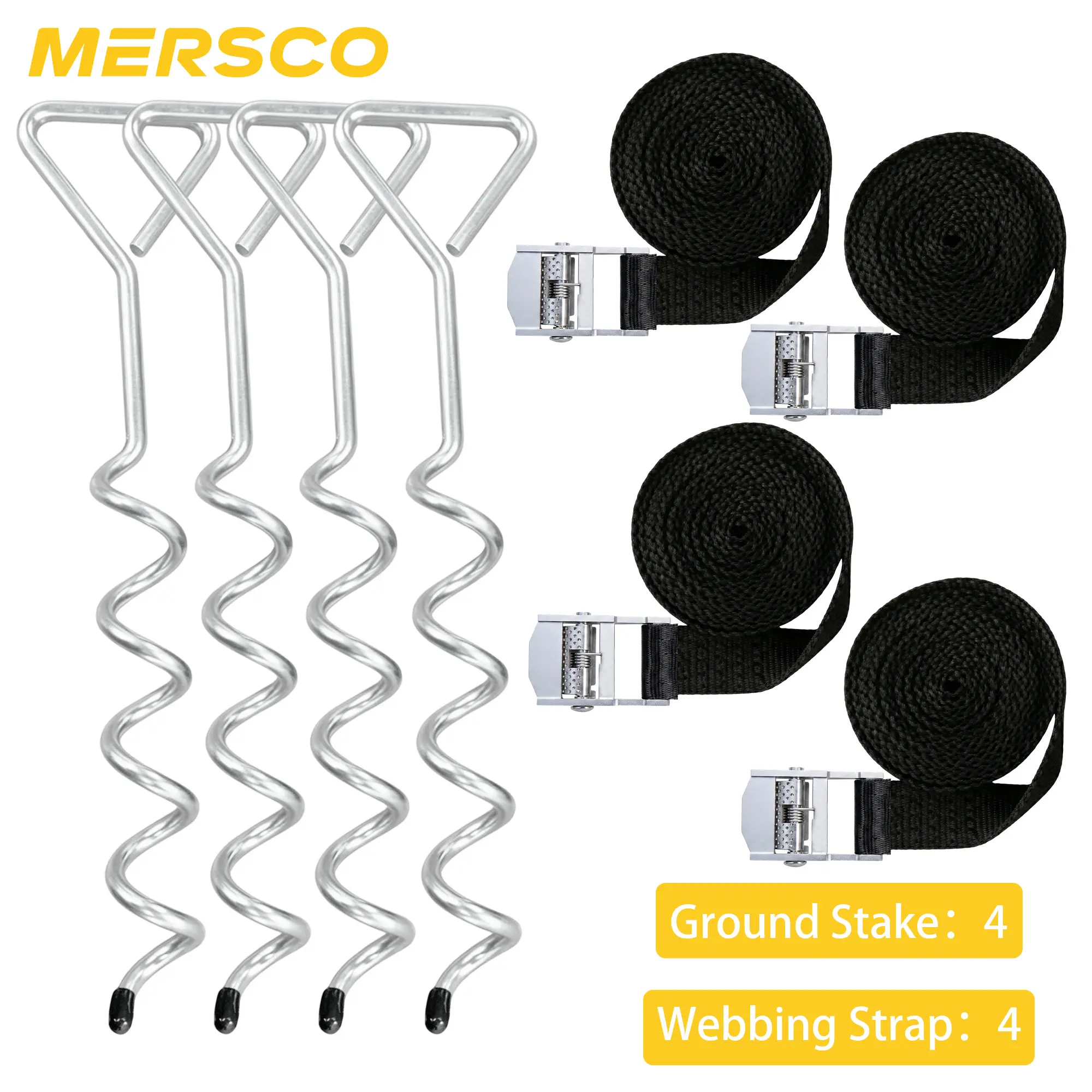 MERSCO 4-Pack Heavy Duty Galvanized Steel Spiral Trampoline Stakes Anchor Kit with T-Hook, Reinforced Safety Bonus Belt, Universal Size for Outdoor Sports, Windproof Easy Installation for Trampoline Frames, Tents