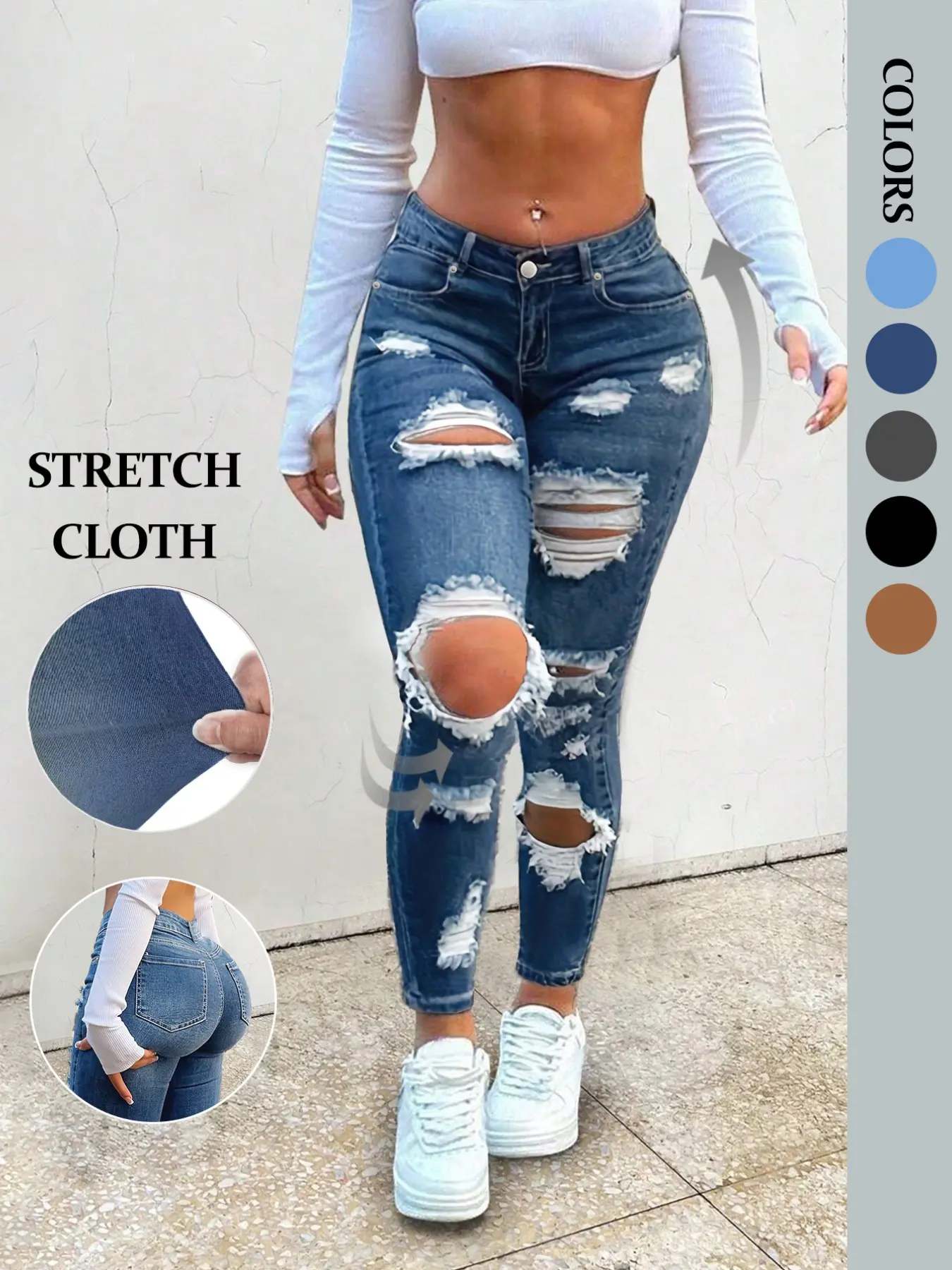 NVFelix Women's Skinny Ripped Trendy Aesthetic Fit Dark Wash Distressed Jeans Stretchy Denim Pants Streetwear